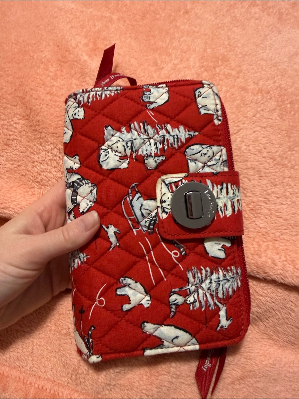 Vera Bradley Beary Merry Red Quilted Phone Wallet with Polar Bear & Tree Design